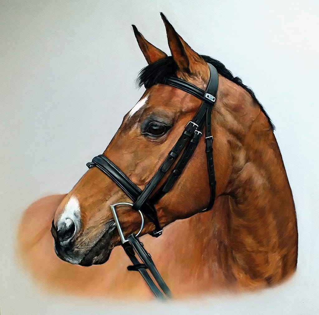 Bay horse portrait painting by UK pet artist Pippa Elton