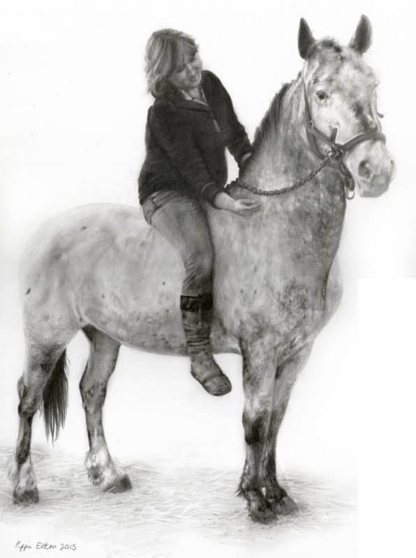 Horse and rider portrait in pencil by UK pet artist Pippa Elton