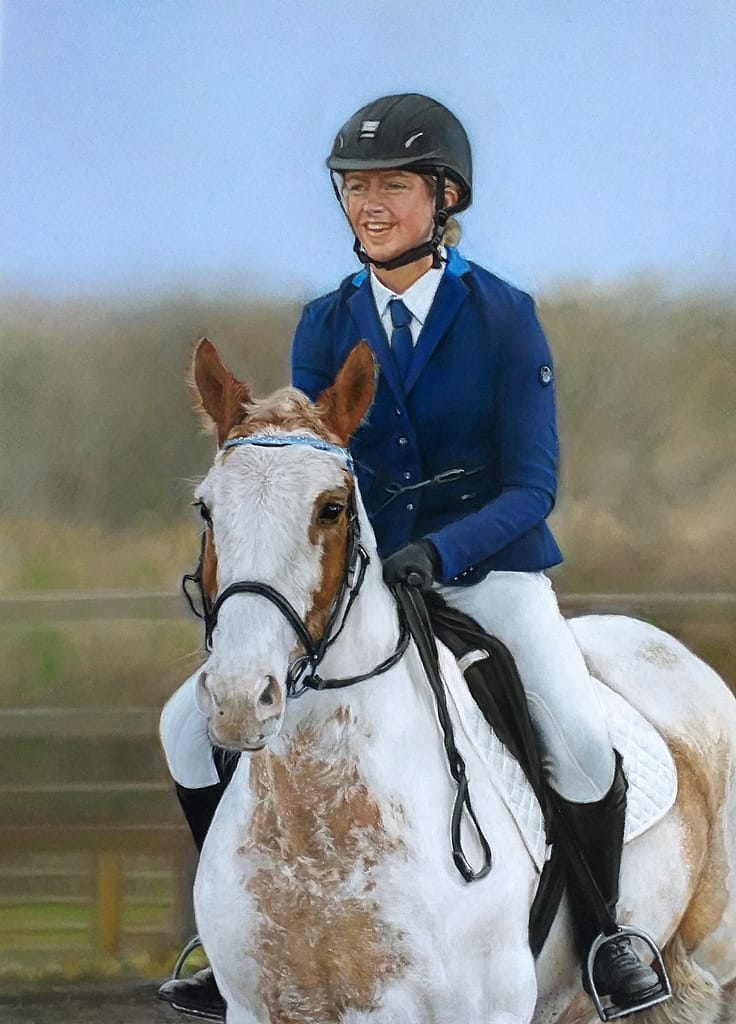 Horse and rider portrait in pastel by UK pet portrait artist Pippa Elton